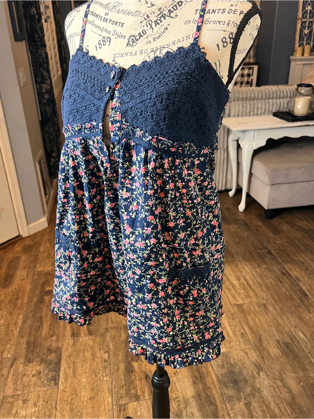 Fire Los Angeles Floral Crochet Lace Trim Cami Top / Smocked Peplum Blouse Large